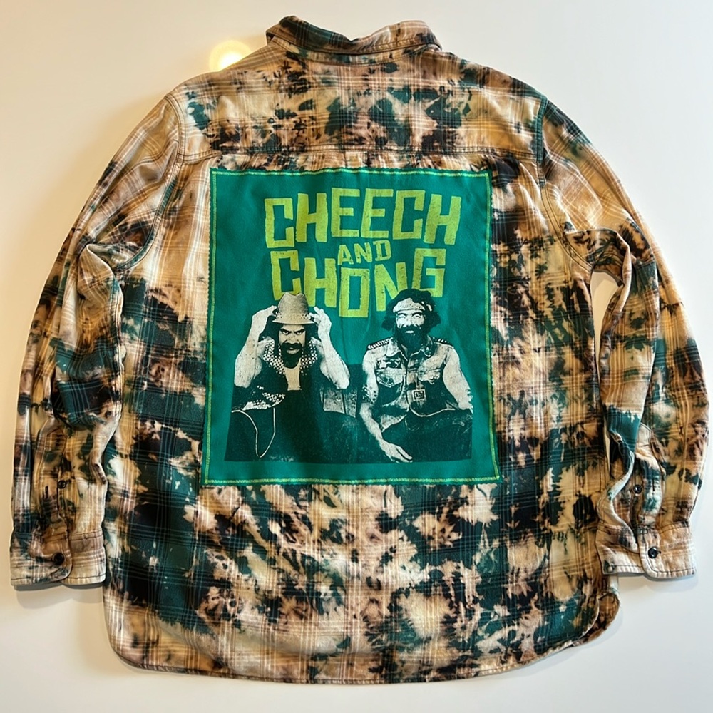 Upcycled Cheech & Chong XL Flannel | Bleached Grunge Plaid | Unisex Rocker Vibes
